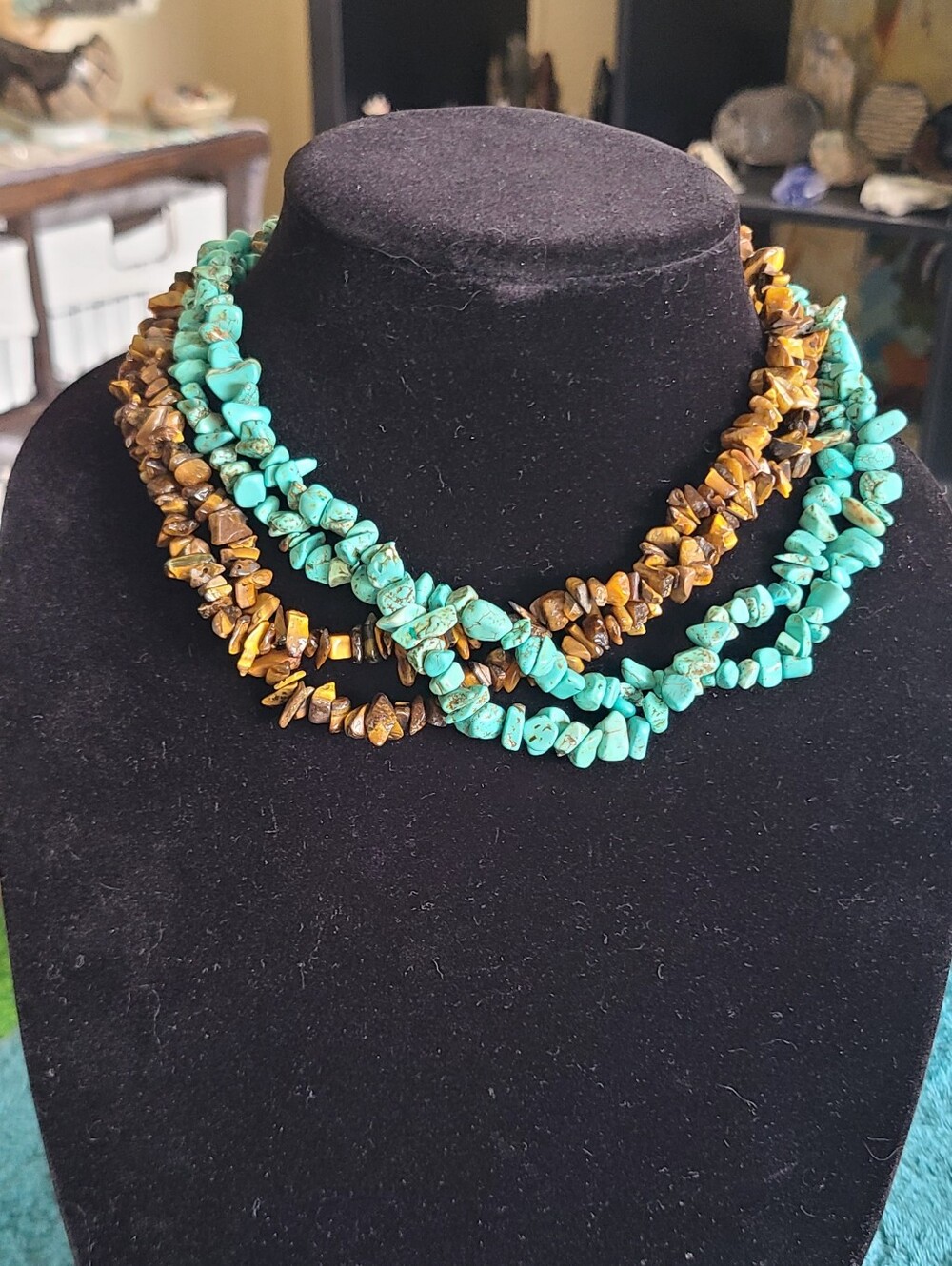 Turquoise and Tiger's Eye Chip Bead Multi-Strand Necklace
